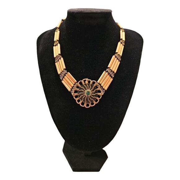 Vintage Turquoise Center Boho Flower Bamboo Choker Necklace - Picture 1 of 12